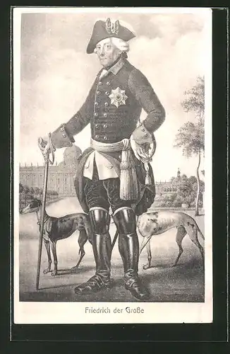 AK König Friedrich II. (der Grosse), Portrait mit seinen geliebten Windhunden