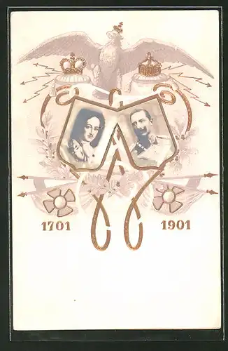Präge-AK 200 Jahre Königreich Preussen 1901, Portraits König Friedrich I. & Kaiser Wilhelm II.