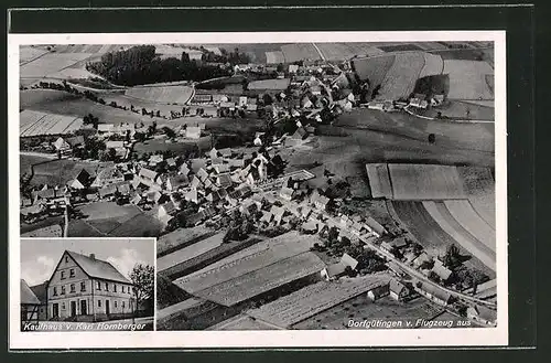AK Dorfgütingen, Kaufhaus von Karl Hornberger, Ortsansicht vom Flugzeug aus