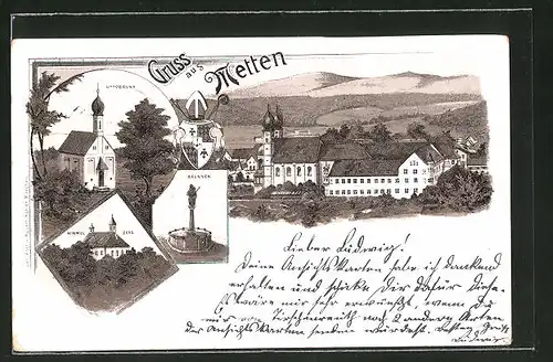 Lithographie Metten, Uttobrunn, Himmelberg, Brunnen