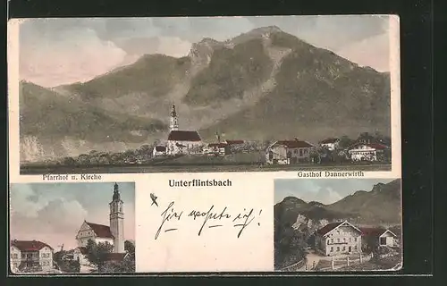 AK Unterflintsbach, Pfarrhof und Kirche, Gasthof Dannerwirth