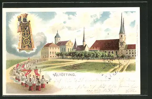 Lithographie Altötting, Wallfahrtskirche, Pilgerzug und Schwarze Madonna