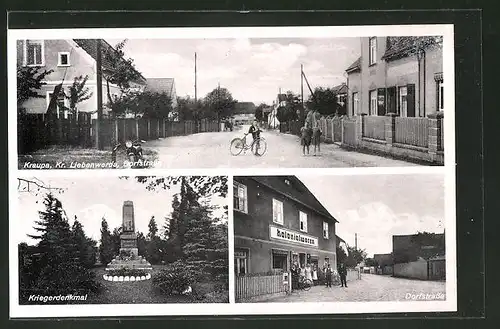 AK Kraupa, Dorfstrasse, Kriegerdenkmal, Kolonialkwaren