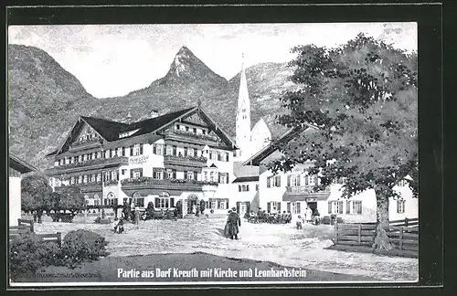 AK Dorf Kreuth, Kirche & Leonhardstein, Hotel zur Post