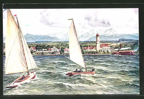 AK Seeshaupt a. Starnbergersee, Blick zum Ort, Segelschiffe