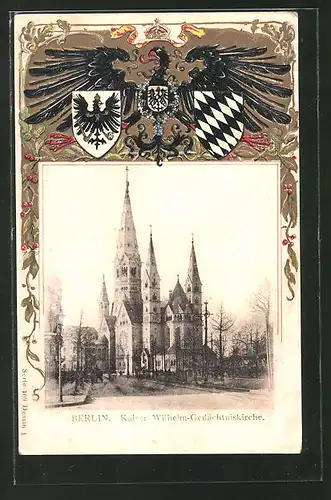 Passepartout-Lithographie Berlin-Charlottenburg, Kaiser Wilhelm-Gedächtniskirche, Wappen
