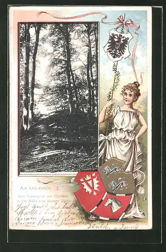 Präge-Passepartout-Lithographie Eutin, Das Hünengrab am Ugleisee in der Nähe vom kleinen Uglei mit Wappen
