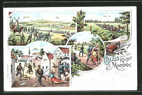 Lithographie Kaisermanöver, Auf dem Schlachtfeld mit Kanonen, Soldaten beim Schiessen, Soldaten stürmen ein Dorf