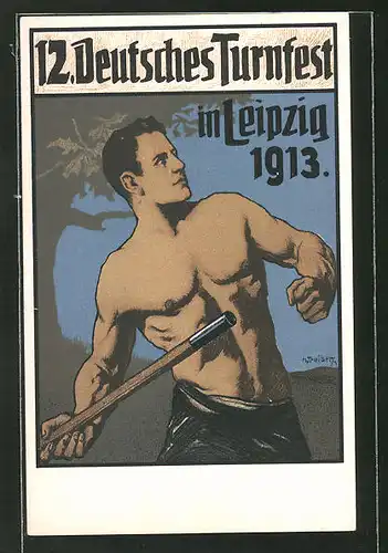 Künstler-AK Hans Treiber: Leipzig, 12. Deutsches Turnfest 1913, Speerwerfer