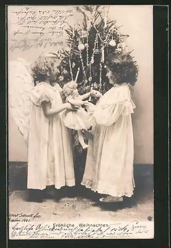 AK Mädchen & Christkind mit Puppe am Weihnachtsbaum