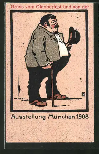 Künstler-AK Ludwig Hohlwein: Ausstellung München 1908, Mann mit Gehstock und Hut auf dem Oktoberfest