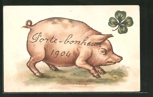 AK Porte bonheur 1904, Schwein auf der Wiese mit einem vierblättrigen Kleeblatt