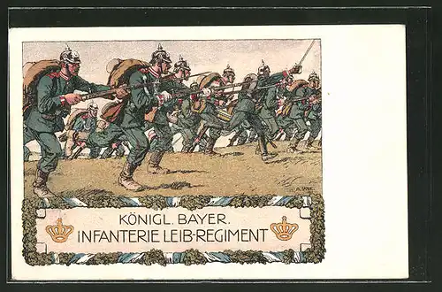 Künstler-AK Angelo Jank: Soldaten d. Königl. Bayer. Infanterie Leib-Regiment auf dem Weg in den Kampf
