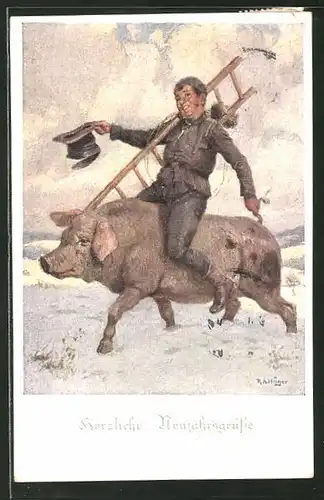 Künstler-AK Rudolf Alfred Höger: Schornsteinfeger reitet auf einem dicken Schwein durch den Schnee
