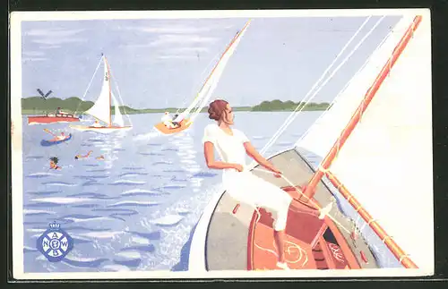 Künstler-AK "Hulp in Nood", Frau beim Segelsport