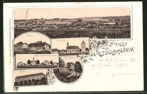 Lithographie Wessobrunn, Totalansicht aus der Vogelschau, Post, Pfarrkirche, Kloster, Drei Quellen