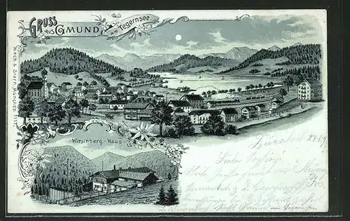 Mondschein-Lithographie Gmund, Gesamtansicht aus der Vogelschau, Hirschberg-Haus