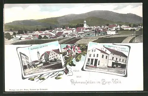 AK Ruhmannsfelden, Kaufhaus K. Ponschab, Inh. Otto Rambold, Marktplatz m. Kirche, Ortsansicht