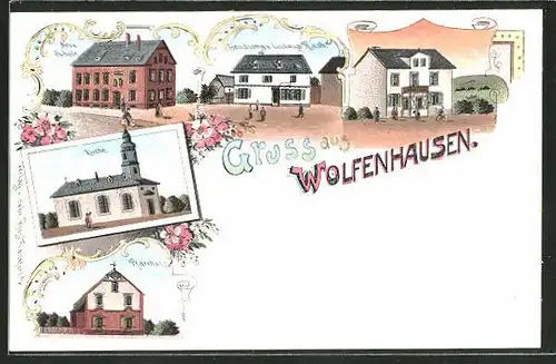 Lithographie Wolfenhausen, Neue Schule, Kirche und Handlung von Ludwig Raab