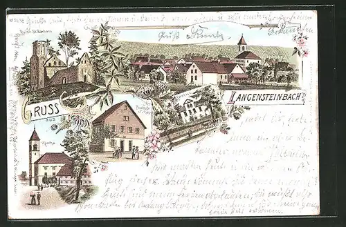 Lithographie Langensteinbach, Ortsansicht mit Kirche, Ruine St. Barbara, Forsthaus und Buchbinderei Fr. Rühle