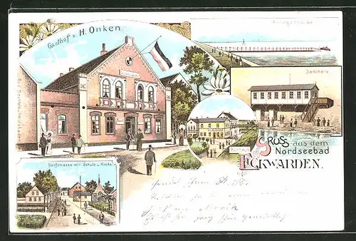 Lithographie Eckwarden, Dorfstrasse mit Schule u. Kirche, Gasthof von H. Onken, Anlegebrücke und Badehalle