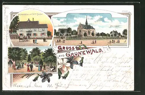Lithographie Grunewald, Ortspartie mit Kirche, Schul- und Pfarrhaus, Gasthaus von Witwe Enkler, Gartenanlagen