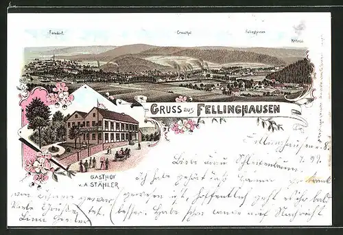 Lithographie Fellinghausen, Ortsansicht, Gasthof v. A. Stähler