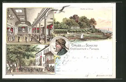 Lithographie Schulau, Restaurant Zum Parnass, Saal, Garten, Seemann
