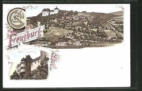 Lithographie Freusburg, Totalansicht mit Schloss, Seitenansicht des Schlosses