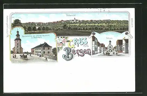 Lithographie Bergen, Totalansicht, Gasthaus zur schönen Aussicht, Rathaus