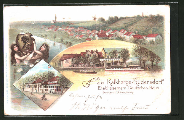 Lithographie Kalkberge Rudersdorf Ortsansicht Gaststatte