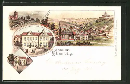 Lithographie Stromberg, Ortsansicht, Gasthof zur Post