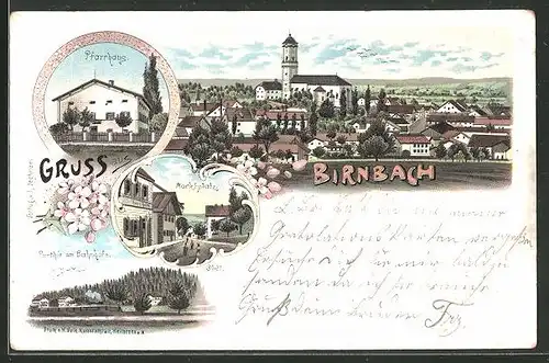 Lithographie Birnbach, Totalansicht, Pfarrhaus, Marktplatz, Partie am Bahnhofe