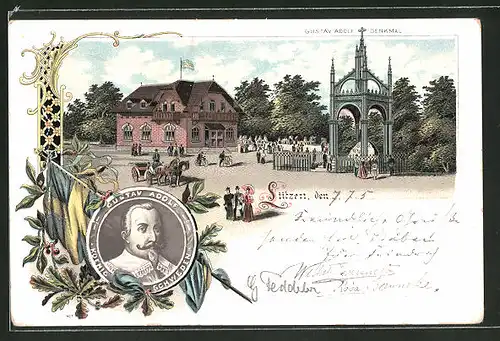 Lithographie Lützen, Partie am Gustav Adolf-Denkmal