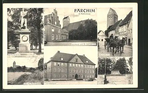 AK Parchim / Meckl., Moltkedenkmal, Elde mit Marienkirche, Sparkasse