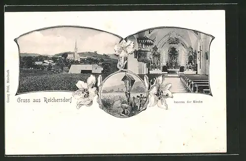 AK Reichersdorf, Teilansicht mit Kirche, Inneres der Kirche