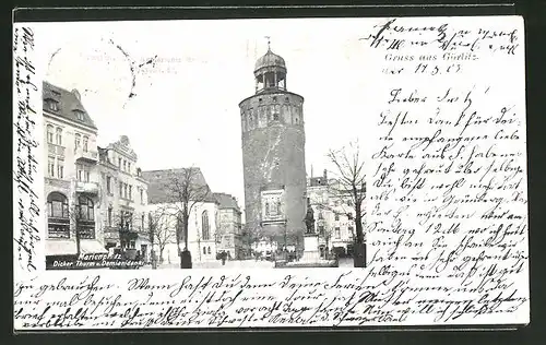 AK Görlitz, Marienplatz, Dicker Turm & Demianidenkmal