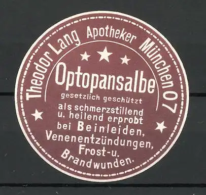 Reklamemarke München, Apotheker Theodor Lang, Optopansalbe