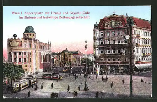 AK Wien, Strassenbahnen am Aspernplatz mit Urania und Krystall-Cafe