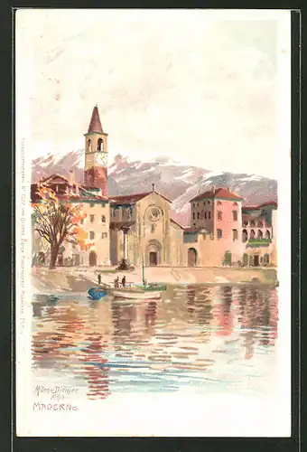 Künstler-Lithographie Zeno Diemer: Maderno, Uferpanorama