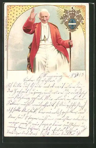 Lithographie Papst Leo XIII. mit zum Gruss erhobener Hand