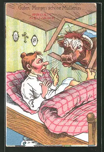 AK "Guten Morgen schöne Müllerin", Kuh bricht ins Schlafzimmer einer Frau ein, frauenfeindlicher Humor
