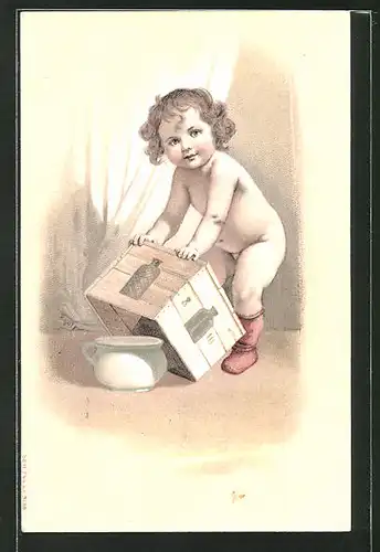 Präge-AK nacktes Baby stellt eine Kiste über den Topf, Toilettenhumor