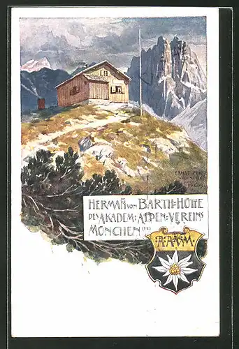 Künstler-AK Ernst Platz: Herman von Barth-Hütte in den Alpen