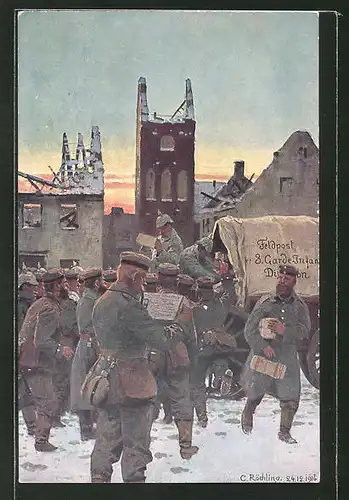 Künstler-AK sign. C. Röchling: Feldpost der 3. Garde-Infanterie, Soldaten am Planwagen