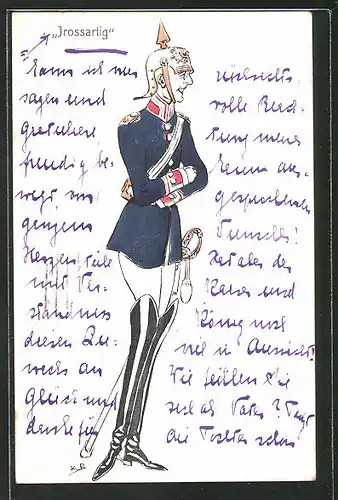 AK "Jrossartig", Karikatur eines Soldaten in Uniform mit Pickelhaube