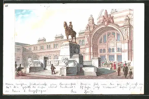 Lithographie Nürnberg, Denkmal des Prinzregenten Luitpold von Bayern mit dem neuen Centralbahnhof