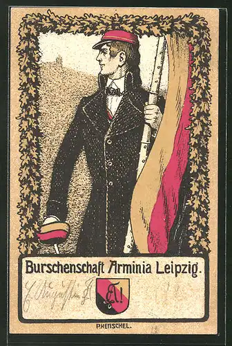 AK Leipzig, Studentenwappen der Burschenschaft Arminia Leipzig, Student mit Fahne und Säbel