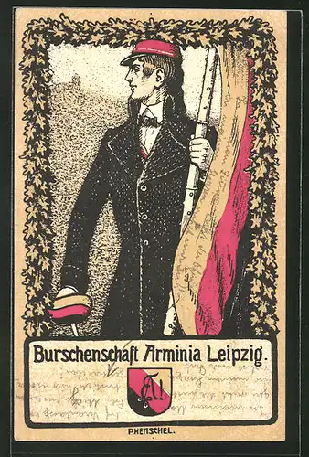 AK Leipzig, Studentenwappen der Burschenschaft Arminia Leipzig, Student mit Fahne und Säbel
