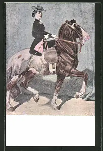 Künstler-AK Angelo Jank: Frau mit Reitgerte auf dem Pferd